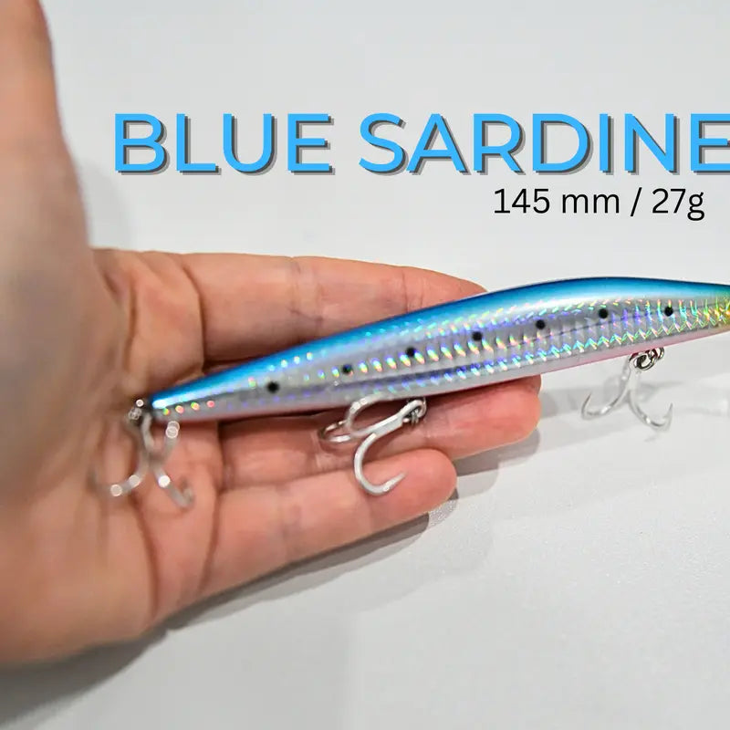 Blue Sardine, Ideal Lures for Barracuda and Jack Fishing 145 Mm, 27 G Sinking Model with an Internal Piston System.
