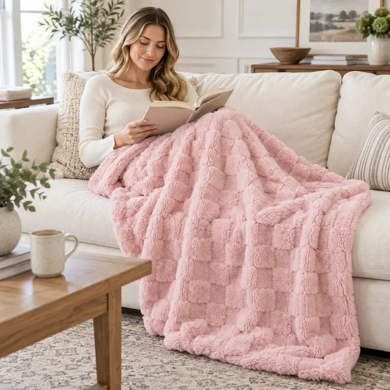 Classic Plaid Weave Throw Blanket - 59X51", Jacquard Woven, Soft, 3D Plush Texture, Girly Vibes, Suitable for Sofa and Bed, Available in Blush Pink, Light Gray, Cream White