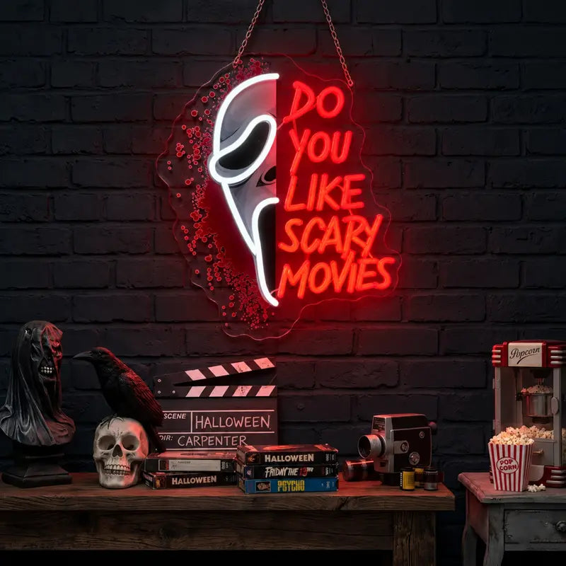 Do You Scary Movie Neon Sign, Gothic Neon Light USB Powered Dimmable LED Halloween Neon Signs for Wall Decor, for Movie Room Party Terrifying Interior Decor