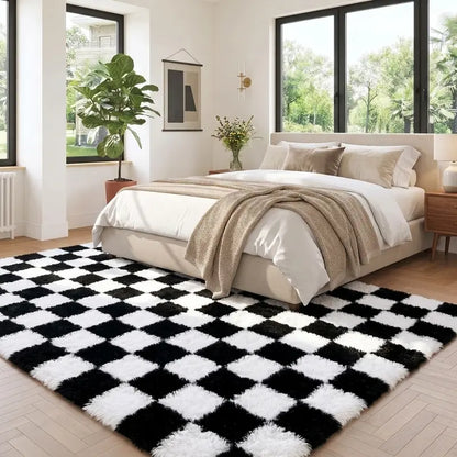 WISH TREE Black & White Checkerboard Fluffy Area Rug - Ultra-Soft Plush Shag Rug for Bedroom, Living Room, Cozy Fall Halloween Home Decor
