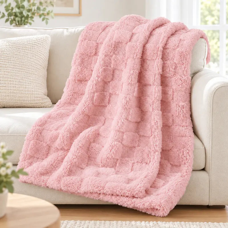 Classic Plaid Weave Throw Blanket - 59X51", Jacquard Woven, Soft, 3D Plush Texture, Girly Vibes, Suitable for Sofa and Bed, Available in Blush Pink, Light Gray, Cream White
