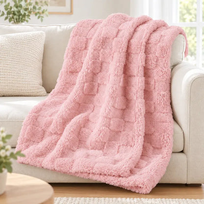 Classic Plaid Weave Throw Blanket - 59X51", Jacquard Woven, Soft, 3D Plush Texture, Girly Vibes, Suitable for Sofa and Bed, Available in Blush Pink, Light Gray, Cream White