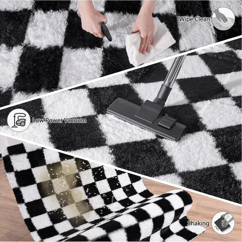 WISH TREE Black & White Checkerboard Fluffy Area Rug - Ultra-Soft Plush Shag Rug for Bedroom, Living Room, Cozy Fall Halloween Home Decor