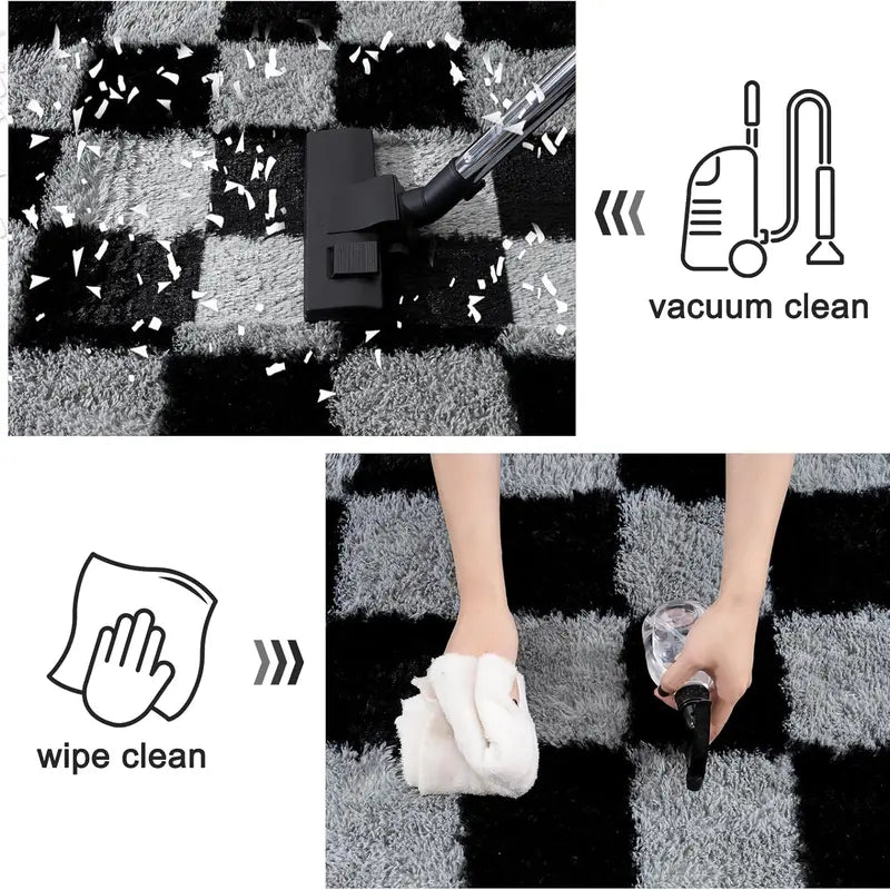 WISH TREE Black & White Checkerboard Fluffy Area Rug - Ultra-Soft Plush Shag Rug for Bedroom, Living Room, Cozy Fall Halloween Home Decor