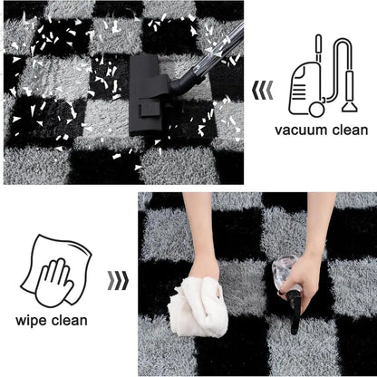 WISH TREE Black & White Checkerboard Fluffy Area Rug - Ultra-Soft Plush Shag Rug for Bedroom, Living Room, Cozy Fall Halloween Home Decor