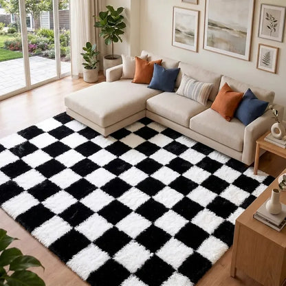 WISH TREE Black & White Checkerboard Fluffy Area Rug - Ultra-Soft Plush Shag Rug for Bedroom, Living Room, Cozy Fall Halloween Home Decor