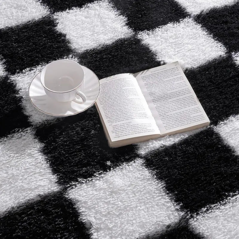 WISH TREE Black & White Checkerboard Fluffy Area Rug - Ultra-Soft Plush Shag Rug for Bedroom, Living Room, Cozy Fall Halloween Home Decor
