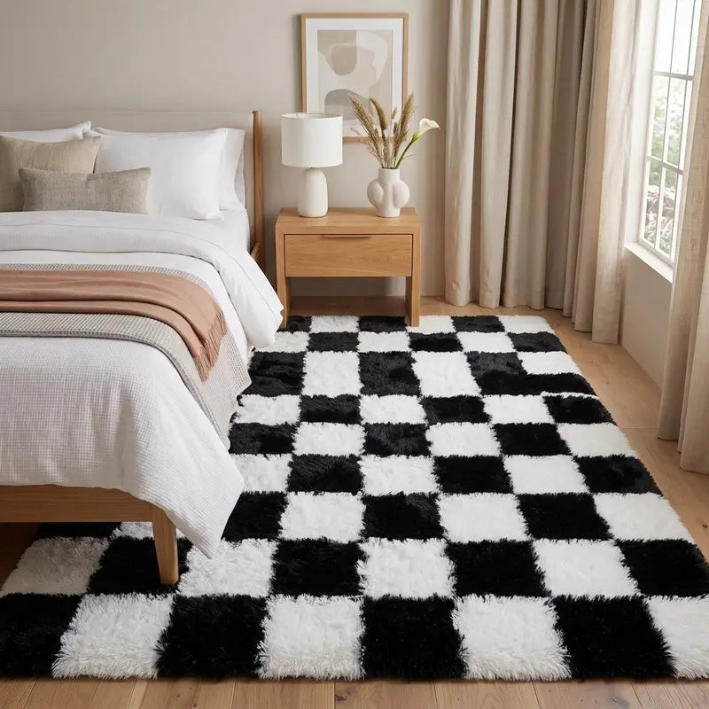 WISH TREE Black & White Checkerboard Fluffy Area Rug - Ultra-Soft Plush Shag Rug for Bedroom, Living Room, Cozy Fall Halloween Home Decor