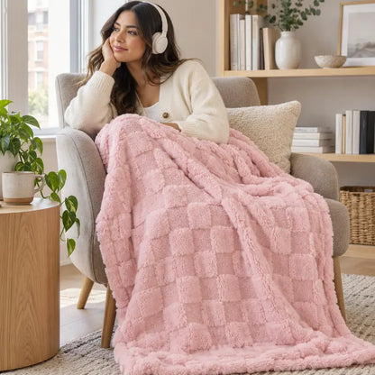 Classic Plaid Weave Throw Blanket - 59X51", Jacquard Woven, Soft, 3D Plush Texture, Girly Vibes, Suitable for Sofa and Bed, Available in Blush Pink, Light Gray, Cream White