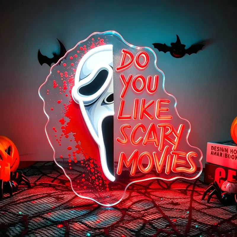 Do You Scary Movie Neon Sign, Gothic Neon Light USB Powered Dimmable LED Halloween Neon Signs for Wall Decor, for Movie Room Party Terrifying Interior Decor