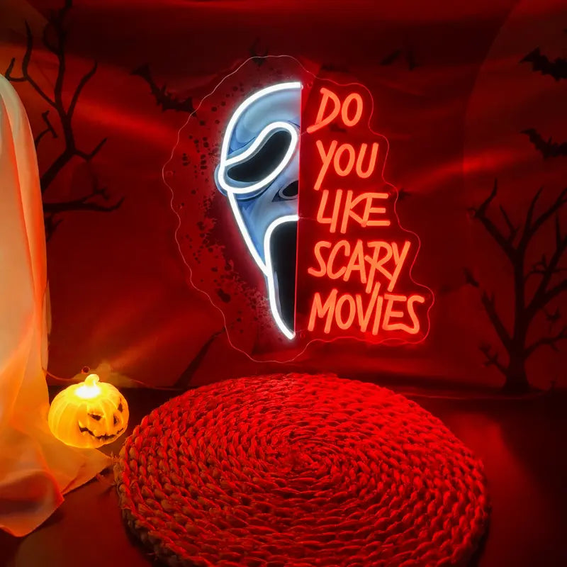 Do You Scary Movie Neon Sign, Gothic Neon Light USB Powered Dimmable LED Halloween Neon Signs for Wall Decor, for Movie Room Party Terrifying Interior Decor