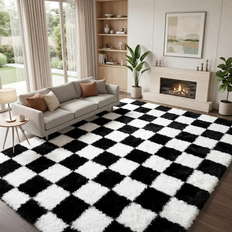 WISH TREE Black & White Checkerboard Fluffy Area Rug - Ultra-Soft Plush Shag Rug for Bedroom, Living Room, Cozy Fall Halloween Home Decor