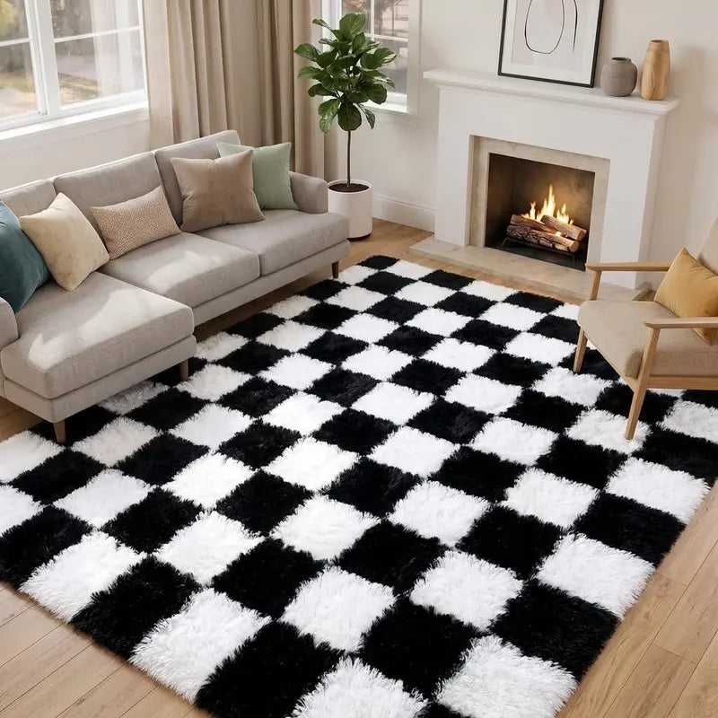 WISH TREE Black & White Checkerboard Fluffy Area Rug - Ultra-Soft Plush Shag Rug for Bedroom, Living Room, Cozy Fall Halloween Home Decor