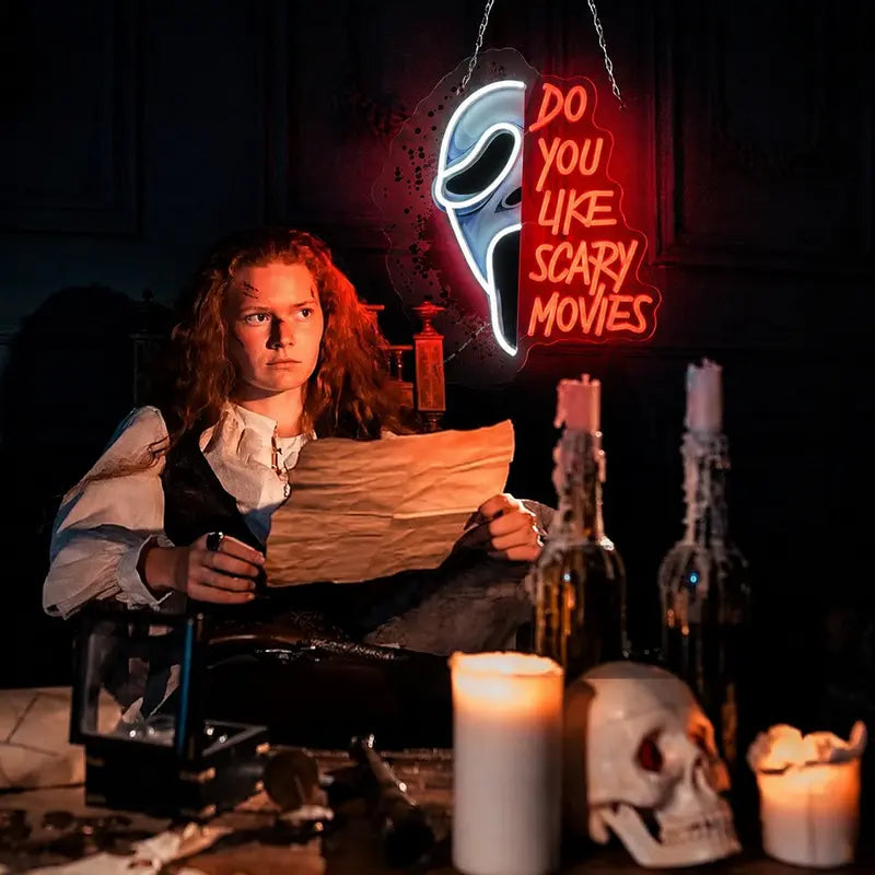 Do You Scary Movie Neon Sign, Gothic Neon Light USB Powered Dimmable LED Halloween Neon Signs for Wall Decor, for Movie Room Party Terrifying Interior Decor