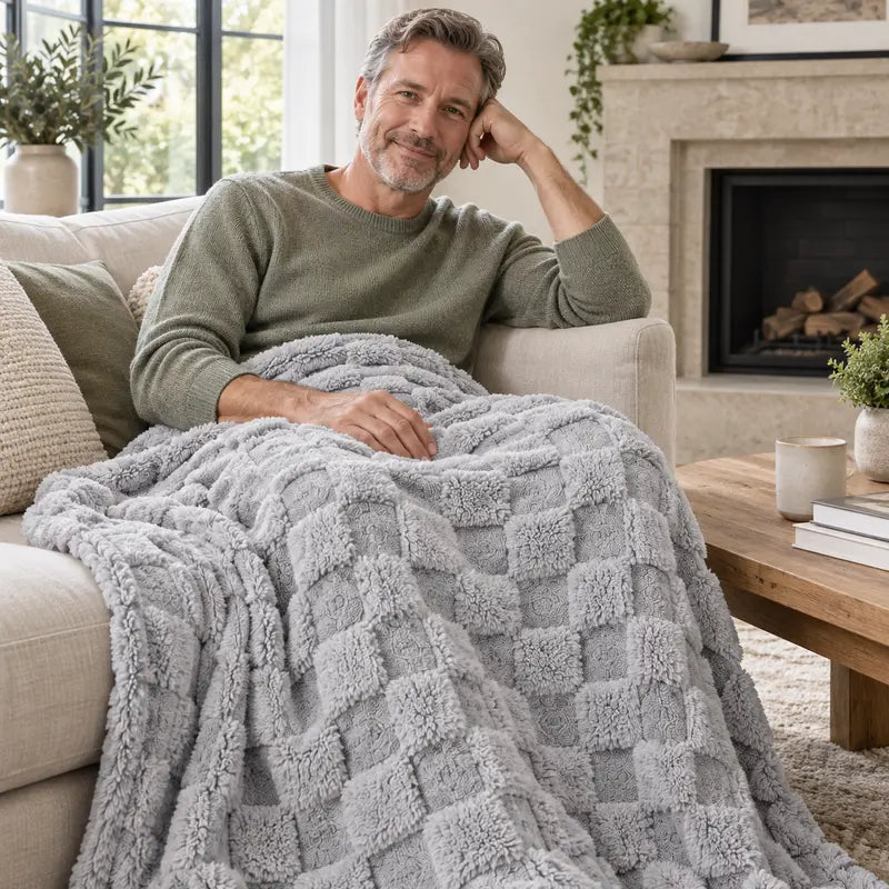 Classic Plaid Weave Throw Blanket - 59X51", Jacquard Woven, Soft, 3D Plush Texture, Girly Vibes, Suitable for Sofa and Bed, Available in Blush Pink, Light Gray, Cream White