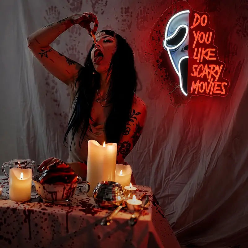 Do You Scary Movie Neon Sign, Gothic Neon Light USB Powered Dimmable LED Halloween Neon Signs for Wall Decor, for Movie Room Party Terrifying Interior Decor